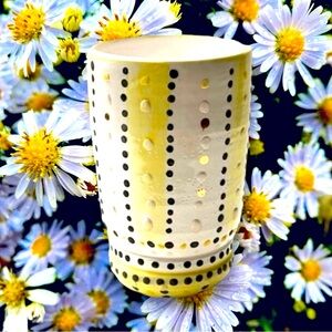 Yellow & White black PolkaDots stripes Pottery Vase Pen Pencil Holder
3.5x5.5”